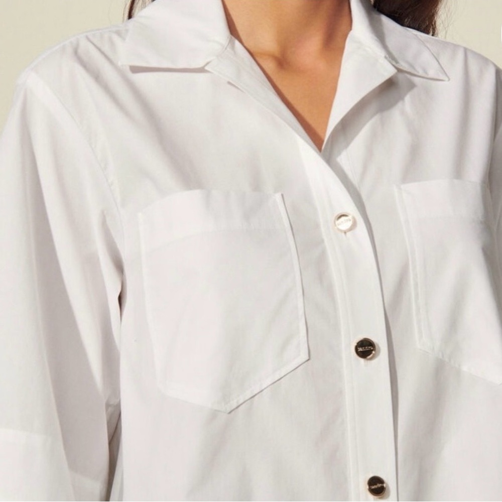 Sandro Oversized Cotton White Short Sleeve Button-Down Shirt / Tunic Size 0-S - Picture 4 of 16
